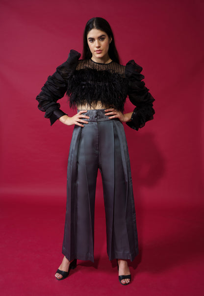 Irene - Co-ord set with feather detailed top and pleated pants.