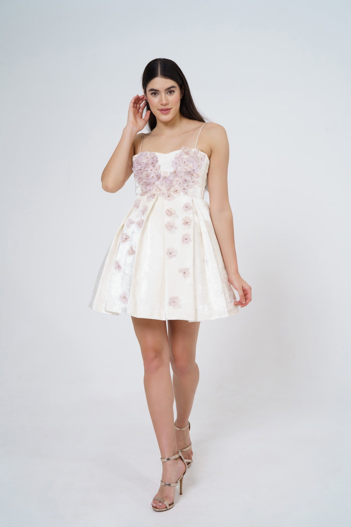 Flora - short dress with 3D floral embellishment.