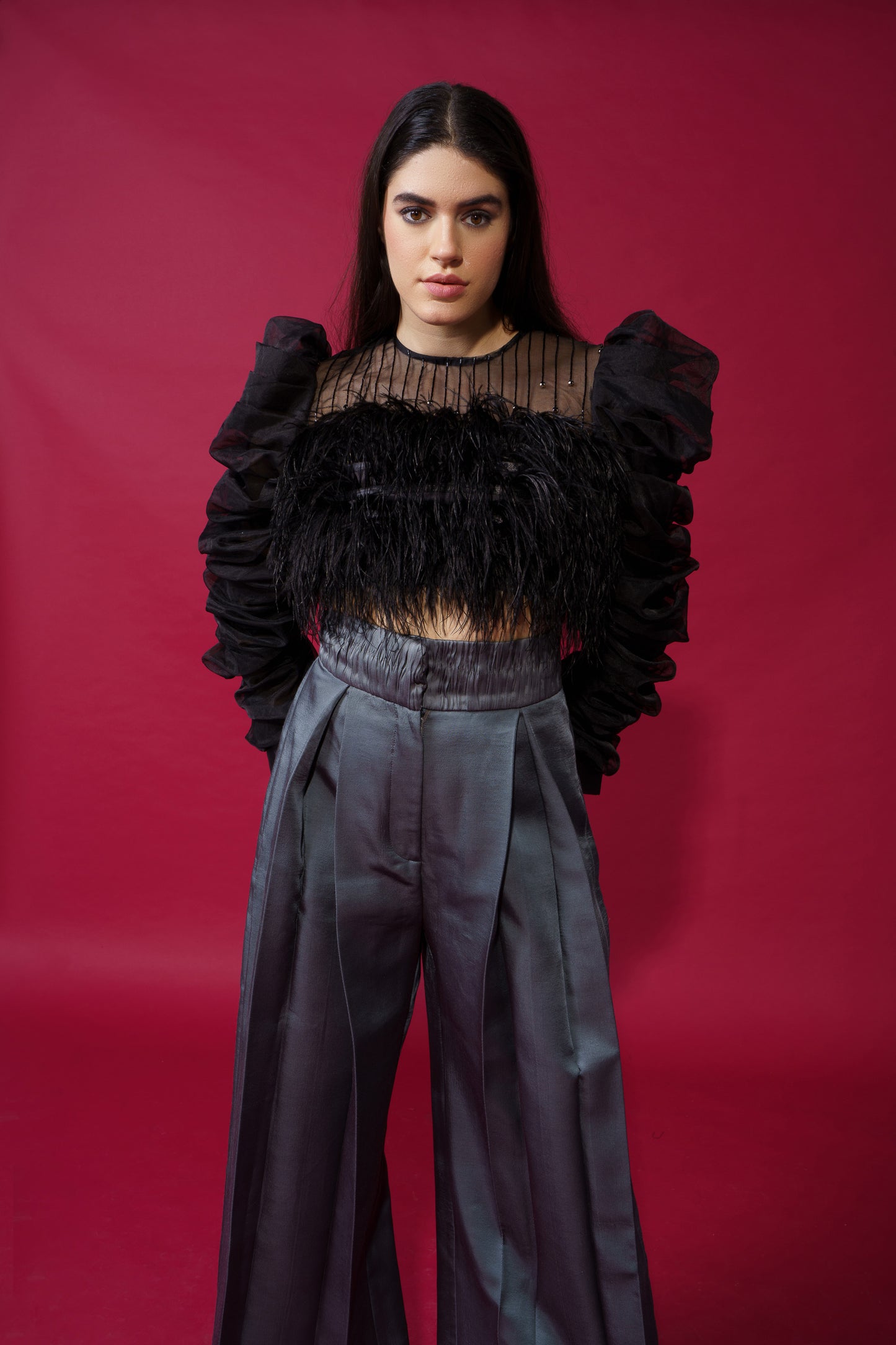 Irene - Co-ord set with feather detailed top and pleated pants.