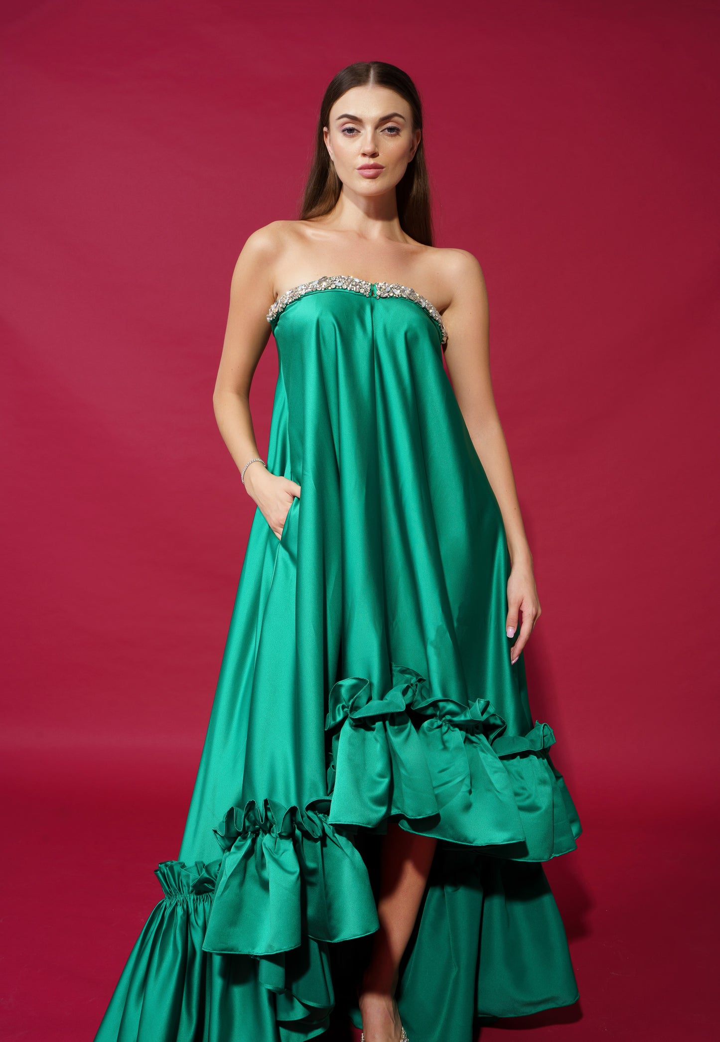 Raquel - Stone embellished high low satin dress